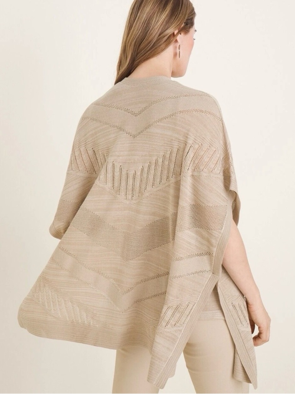 Chico’s Ruana Striped Textured Cardigan Lightweight Beige Knit Poncho Sz L/ XL